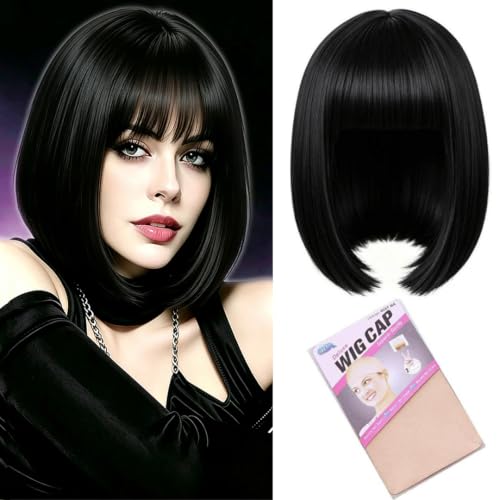 Black Bob Wig With Bangs 12 Inch Synthetic Short Straight Wigs for Women