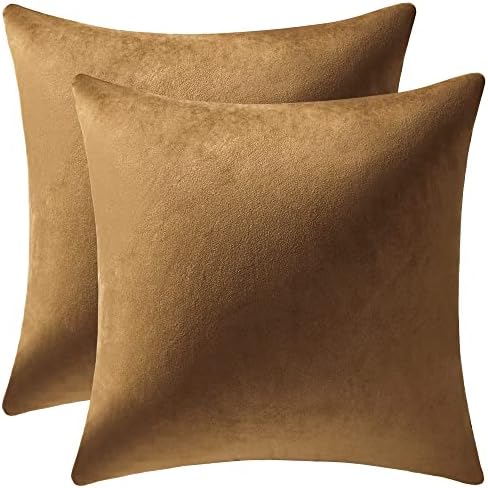 DEZENE Throw Pillow Cases 18x18 Golden Brown: 2 Pack Cozy Soft Velvet Square Decorative Pillow Covers for Farmhouse Home Decor