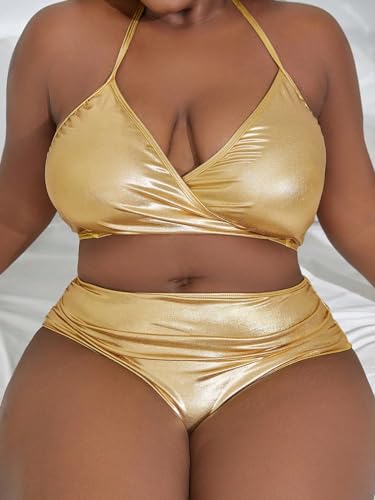 MakeMeChic Women's Plus Size 2 Piece Shiny Metallic Bikini Set Halter Triangle Swimsuit Bathing Suit4