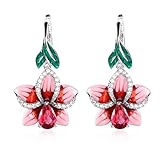 JDONL Enamel Leaf Flower Pendant Rhinestone Inlaid Leverback Earrings Drop Glue Dyed Gemstone Dangle Earrings Statement Jewelry Gift for Women Mom (Color)