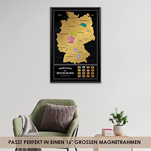 Rubbelkarte von Deutschland mit Kratzerset - Rubbel Landkarte von Deutschland - Poster als Geschenk - Deutschlandkarte in Schwarz und Gold - Scratch off Germany Map Poster