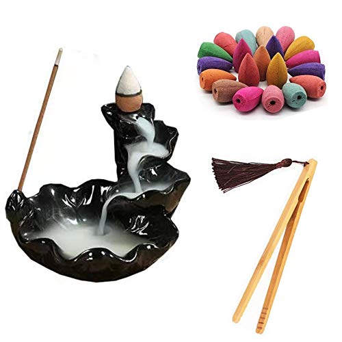 Quemador de Incienso de Reflujo Hecho Mano Cerámica Efecto Cascada Torre de montaña Sostenedores de Incienso con 100 Natural Conos Incienso y 1 Pinzas para Aromaterapia Casa Oficina Manualidades Cover