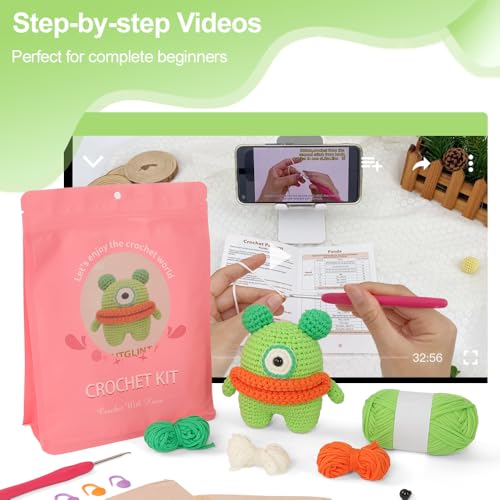 Image of Autglint Monster Crochet Kit for Complete Beginners, Amigurumi Animal Starter Kit with Detailed Video Tutorials, Learn to Crochet Kit with Non-Split Pre-Started Yarn - Green Monster
