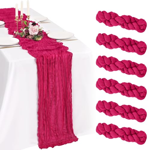 Showgeous Lot de 6 Chemins de Table Rose Choquant 55x300cm Mode Chemin de Table Bohèmes en Gaze,Boho en Tissu Froissé Mousseline Gaze de Coton Rustique pour Mariage,Fête Prénatale Décorations de Table