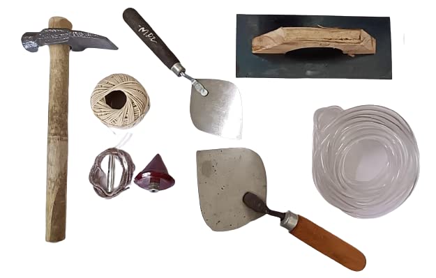 B K Jagan & CO Mason Tools Combo(Gurmala, Tesi Hammer, Mason Thread, 3/4" Plumbo, Mansola, Karni Tool for Plaster, Level Pipe 5 Mt.)