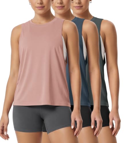 ODODOS 3-Pack Loose Tank Tops for Women Sleeveless Casual Athletic Workout Yoga Shirts, Crepe Pink, Dark Blue, Dark Grey, Medium