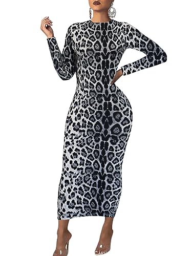 Langärmeliges figurbetontes Damenkleid – Maxi-Kleid für Freizeit, Herbst, Club, Party, lang, eng, Bleistiftkleider, Leopard/Grau, X-Groß