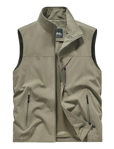 Sukany Men's Casual Fishing Safari Utility Vest Lightweight Quick Dry Cargo Military Gilets Sleeveless Photography Shooting Hunting Camping Waistcoat Outdoor Travel Jacket with Pockets Khaki M