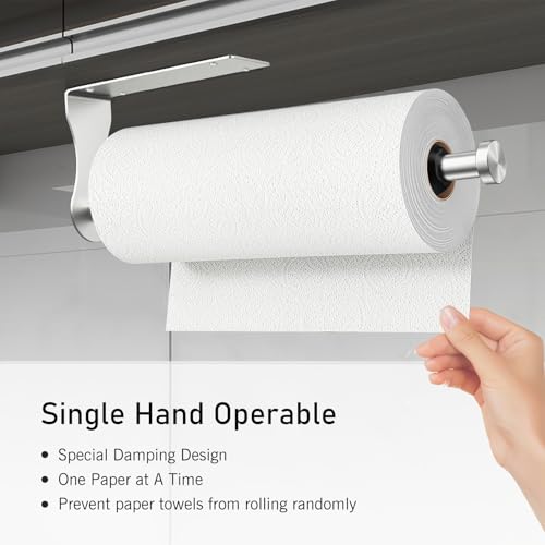 Image of SetSail Paper Towel Holder, 2 Packs Single Hand Operable Paper Towel Holder Under Cabinet with Adjustable Damper Easy Tear Wall Mount Self-Adhesive or Drilled for Kitchen Bathroom, Silver