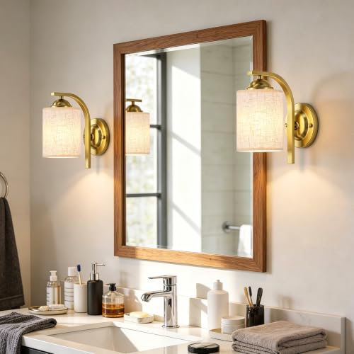 Image of 2-Pack Wall Sconces for Bedroom and Bathroom, Gold Farmhouse Wall Light Fixtures with Fabric Shade, Modern Vanity Wall Lamps for Living Room, Hallway, Kitchen