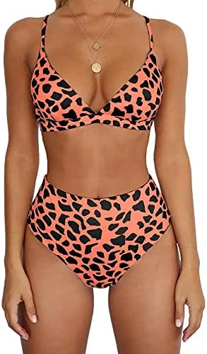 BTFBM Women's Bikini Sets 2023 Summer Two Piece Swimsuit High Waisted V Neck Triangle Bathing Suit Casual Beach Swimwear(Orange, Medium)