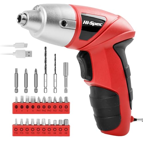 Hi-Spec 27 Pc Red 3.6V Cordless Electric Screwdriver Set. Power Screwdriver with Rechargeable Battery LED Light and 23 Driver Bit Set for DIY Home & Office