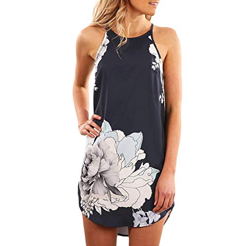 JIANGfu Women's Summer Floral Print Short Mini Dress, Ladies Casual Sleeveless Suspender Comfy Loose Dress (Black, M)