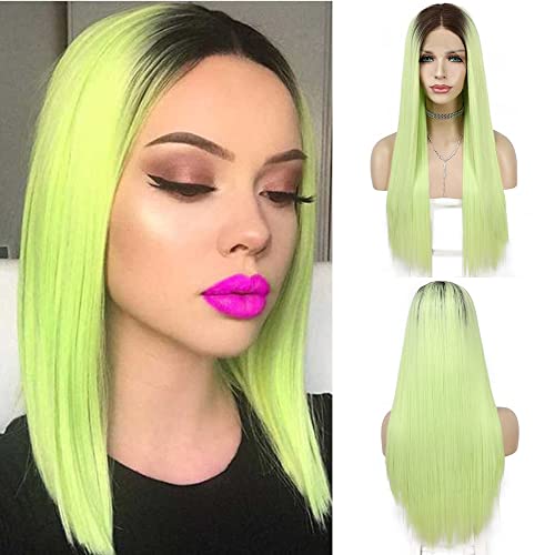 QD-Udreamy Long Straight Ombre Green 24 inch Lace Front Wig for Women Full Heat Resistant Hair Synthetic Fiber Wig With Natural Hairline Cebebrity Party Cosplay Wigs