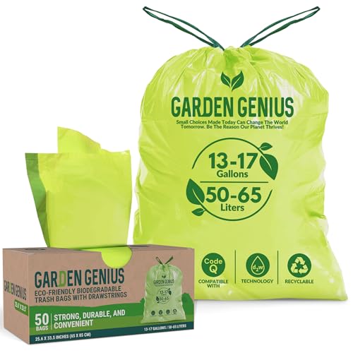 Image of Biodegradable 13-17 Gallon Code-Q Trash Bags (50 Pack) | Strong Heavy-Duty Tall Green Kitchen Bags w /Drawstring | Fits Simplehuman & Standard Cans | Eco-Friendly D2W, 30 Micron Thick | 25.6 inch x 33.5 inch