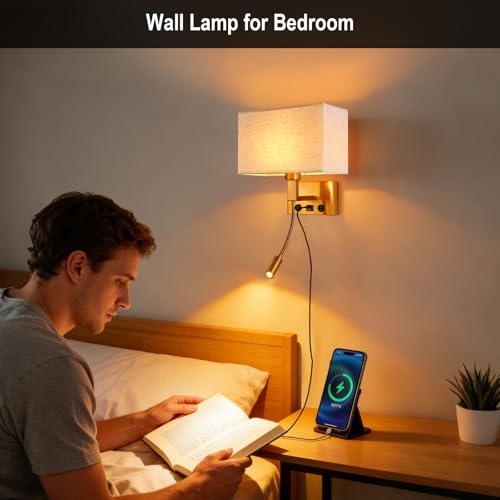Image of Bedroom Wall Sconces, Hardwired Wall Lamp with USB and Reading Lamp Fabric Shade Bedside Wall Lights with Reading Lamp for Bedroom Living Room Hotels Corridors (Brass)