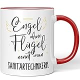 JUNIWORDS Tasse, Engel ohne Flügel nennt man Sanitärtechnikerin, Rot (5180994)