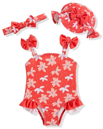 DivingBirds Traje de baño para bebé niña con sombrero de sol y diadema, traje de baño para bebé, regalo de playa de verano, 3 meses a 3 años, Rojo (Red Flower), 18 24 Months