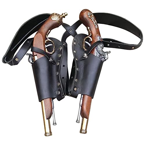 Pu Leather Renaissance Medieval Double Gun Holster Flintlock Pistol Adjustable Halloween Pirate Cosplay Party Accessories (Black One Size)