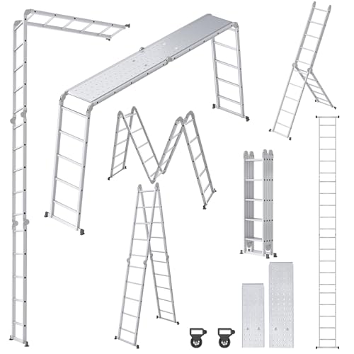 Froadp Scala multiuso 6 in 1, pieghevole, multiuso in alluminio, design telescopico, con 2 ruote e piattaforma, multifunzione, portata fino a 150 kg (5,5 m)