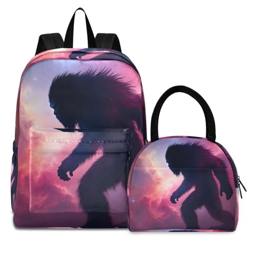 Backpack Lunch Box Set Large Capacity Travel Backpacks and Insulated Lunch Bag for Commute Hiking Picnic Galaxy Sasquatch Print