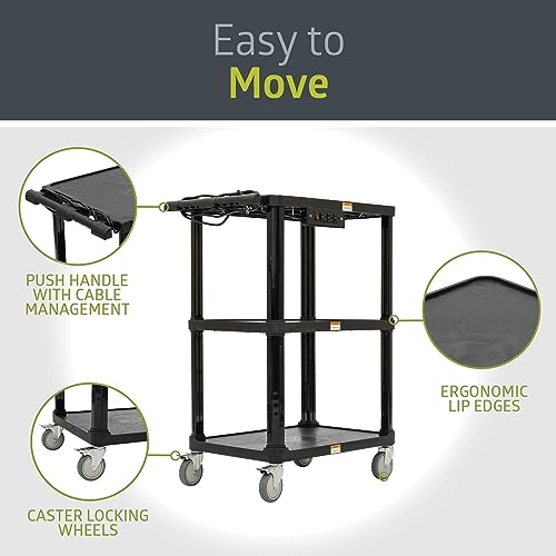 Pearington 3-Shelf Mobile Utility Cart with 3 Outlets and 8\' Cord, Heavy-Duty Service Cart for Offices and Warehouses with 3 Shelves, Black