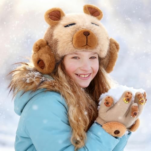 Gorro Capibara invierno niños con cubierta para oídos bufanda guantes peluche 6