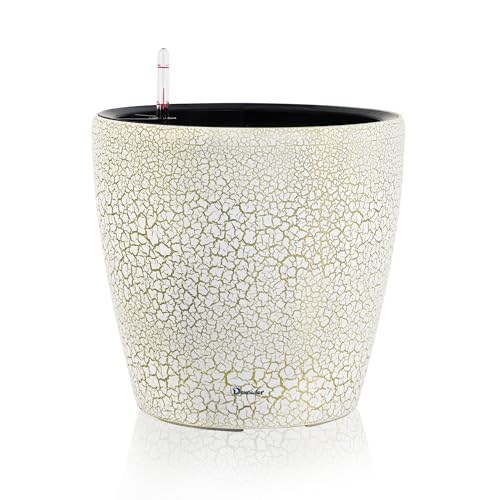 Dexceder 15x14 Self Watering Planter with Wheels Indoor Outdoor, Inner Pot Design, Thickened Large Floor Standing Flower Plant Pot with Water Level Indicator (White Gold Crackle) by Dexceder - Used condition - US$61.50