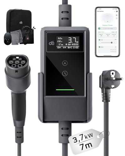 dé Typ 2 Ladekabel Schuko mit APP 3,7kW [7m, 6-16A, 1-phasig] Ladekabel Typ 2 Schuko mit Fernsteuerbarer Leistung - EV Charger 3,7kW für e Auto ID.3/4/5/7, Model Y/3, ENYAQ und Anderen PHEV/EV