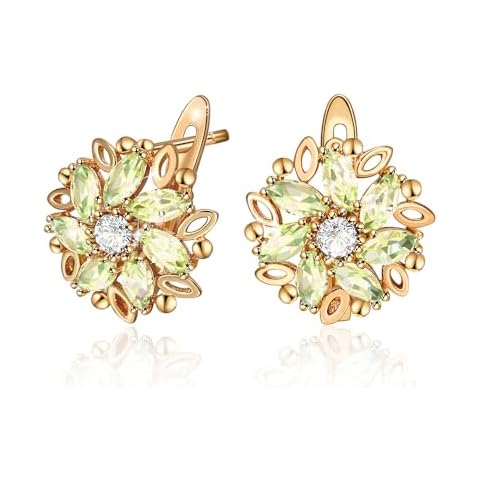 XUPING Flower Earrings For Women Crystal Leverback Stud 14K Gold Plated Cubic Zirconia Hypoallergenic Earring Jewelry（Green） Cover