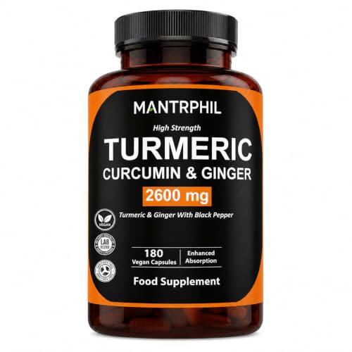 Image of Turmeric Curcumin & Ginger High Strength Capsules with Black Pepper | 180 Vegan Capsules | Turmeric Root Extract Supplement | Plant Based Formula | 3 Month Supply | Food Supplement