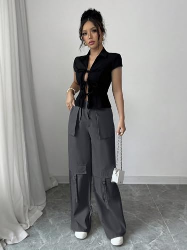 Image of Leriya Fashion Cargo Pants for Woman | Cargo Pants for Women Cotton Wide Leg Utility Fit Flap Pockets | Trousers Fors Women, Relaxed Fit Baggy Pant Airport Outfit for Womens Streetwear Attire