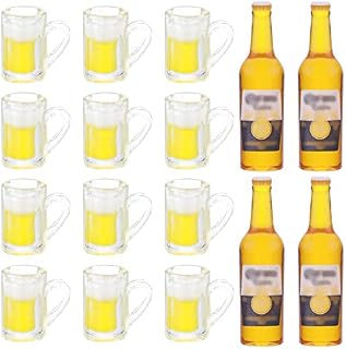 cobee Miniature Dollhouse Beer Cups Bottle Set, 12 Pieces Mini Mugs with 4 Pieces Beer Bottles Realistic Beer Glass Model Dollhouse Drink Set Dolls House Accessories Decor for Pretend Play DIY