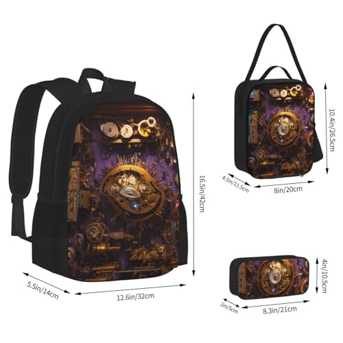 Gears Clock Bronze Century Print 3 Piece Backpack Set, Laptop Daypack, Lightweight Bookbag Set With Lunch Bag Pencil Case3