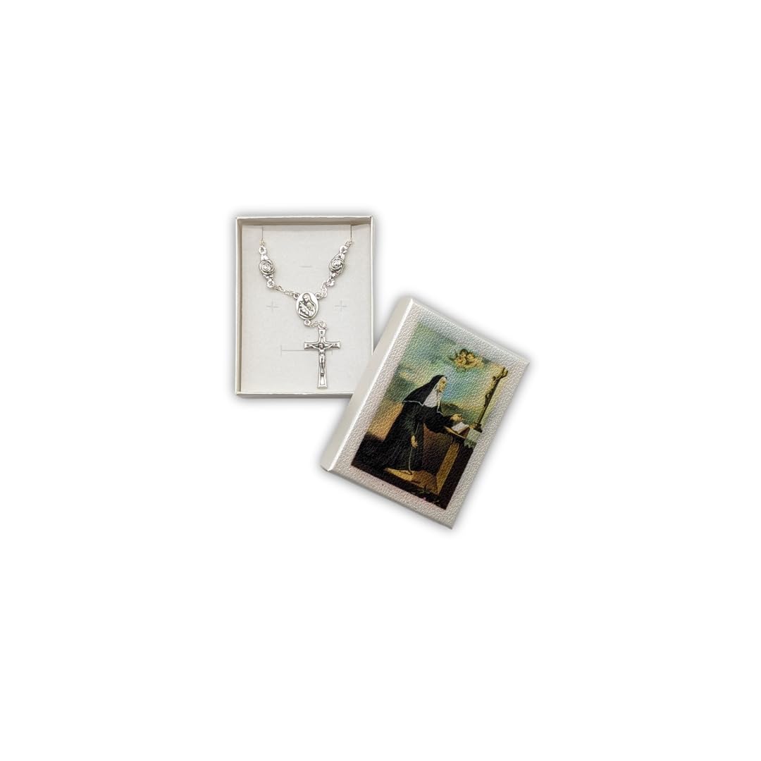 OVUNQUE PROTEGGIMI Rosario di Santa Rita da Cascia in Simil Perla Lungo cm 32 (12.59'') e Preghiera. Coroncina di Santa Rita. Rosary Chaplet of Saint Rita (Pater con Rosa)