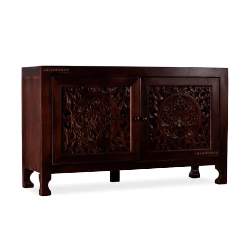 Image of Yepa Wooden Sideboard Cabinet for Living Room | Handcrafted Solid Wood Storage Cabinet with Carved Doors | Crockery Cabinet for Home | Crockery Furniture for Home (Mahogany)