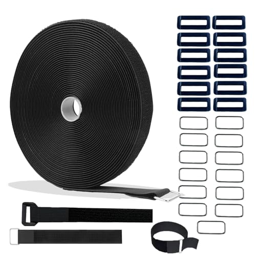 Image of 1 inch x 16ft Nylon Hook and Loop Straps with 12 Plastic13 Buckles Reusable Adjustable Strips Freely Cut-to-Length Straps for Organizer or Storage Straps （Black）