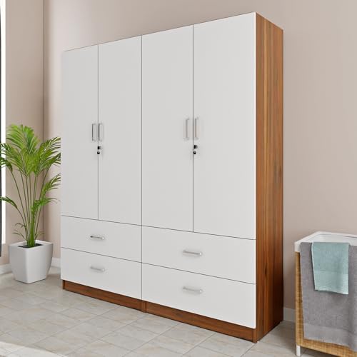 Image of VIKI Wardrobe |Wooden Almirah for 4 Door 4 Drawer with Shelves & Hanging Space Wardrobe (Walnut |White - 40D x 160W x 180.8H) | 1 Year Warranty | Free Assembly