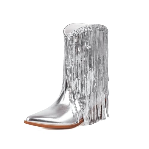 Bottines Western à Bout Pointu avec Pompons Métalliques et Talon Stable
