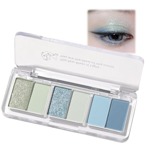 Blue Eyeshadow Palette - 6 Color Matte & Glitter, Highly Pigmented, Waterproof & Long-Lasting Eye Shadow for Women, Navy Blue & Green Light Shades