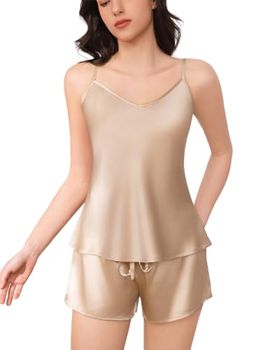 Image of THXSILK Silk Women's Pajama 2 Piece Set 6A+ Grade 100% Mulberry Silk Nightgown Soft Luxury V Neck Cami Shorts Sets Sleepwear