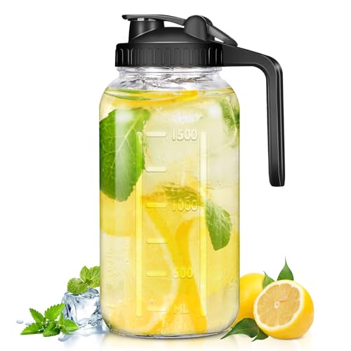 Image of irjeen Glass Pitcher with Handle and Lid, 2 Quart/64oz Breast Milk Pitcher, Wide Mouth, Leak Proof, for Water, Juice, Milk, Tea, Iced Coffee, 1 Pack