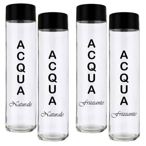 BrandPrint Set di 4 Bottiglie in Vetro Modello CILINDRO, 750 ml, Serigrafia 2 Naturale e 2 Frizzante, Tappo a Vite Nero | Bottiglia Vetro Acqua