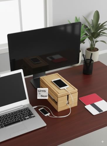 Image of Wooden Cable Management Box - Cord Organizer for Desk, Power Strip & Charger Storage - Wire Concealer Box for Home Office, Extension Board Holder, Wooden Desk Organizer (Beige)