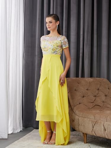 Image of Miss Chase Women's Round Neck Short Sleeve Floral Layered Georgette Midi Dress