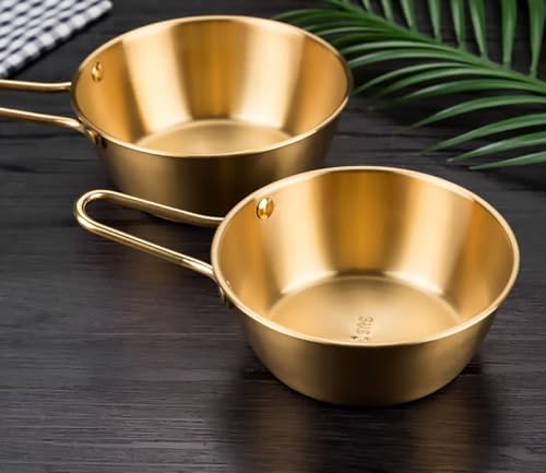 Image of 2-Pack Makgeolli Bowls | 304 Stainless Steel Korean Traditional Rice Wine Bowls with Handle | Gold Finish Soup Bowl, Camping Food Bowl, Hiking Cup | 10 oz (300 ml), 4.7 Inch