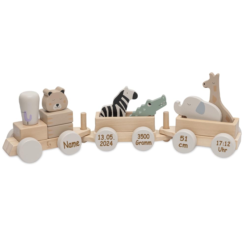 Elefantasie Spielzeugeisenbahn Holzzug für Kinder ab 12 Monate, personalisierbar mit Name und Geburtsdaten Safari