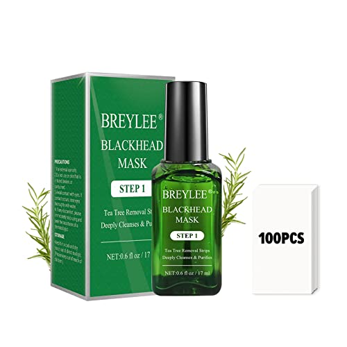 BREYLEE Blackhead Mask, Tea Tree Oil Blackhead Pore Strips Mask Blackhead Removal Strpis Nose Strips Peeling Mask Deep Cleansing(17mL, 0.6 fl oz) (With 100 Pcs Strip Paper)
