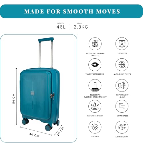Image of F Gear Myton Cyan Blue Small Cabin Front Opening Hard Luggage | Lightweight Expandable Carry-On Suitcase with 360 Spinner 8-Wheels, Built-in TSA Lock, Anti-Theft Zipper & 3-Level Telescopic Trolley