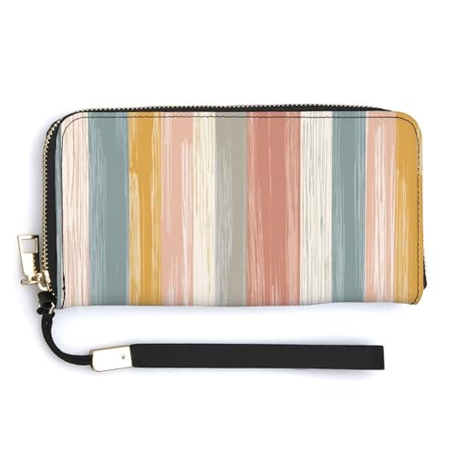 Stripped Pattern with Subtle Colors PU Leather Clutch Long Bifold Wallet, Coin Purse Credit Pass Case, Durable Card-Holder Money Storage for Women Men
